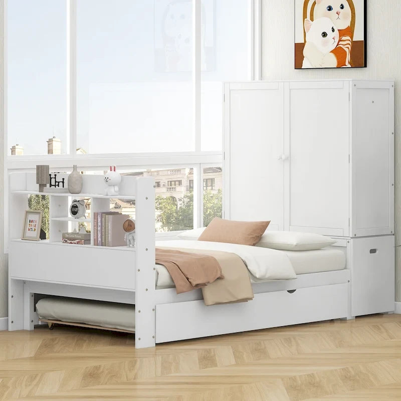 Lit plateforme double avec tête de lit de rangement et étagères coulissantes Blanc