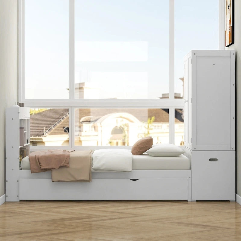 Lit plateforme double avec tête de lit de rangement et étagères coulissantes Blanc