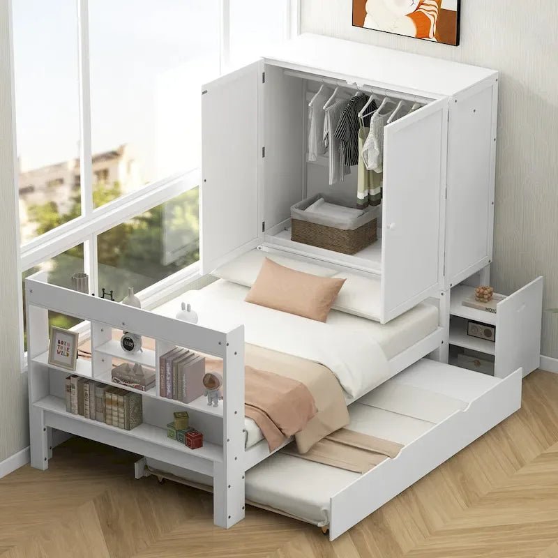 Lit plateforme double avec tête de lit de rangement et étagères coulissantes Blanc
