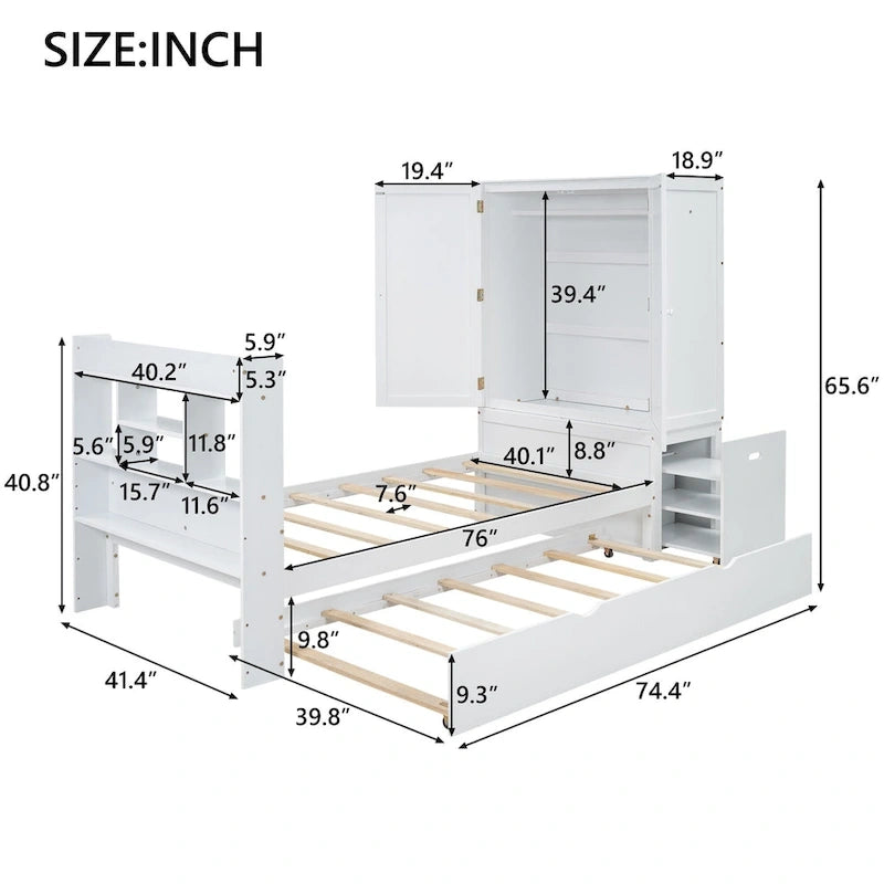 Lit plateforme double avec tête de lit de rangement et étagères coulissantes Blanc