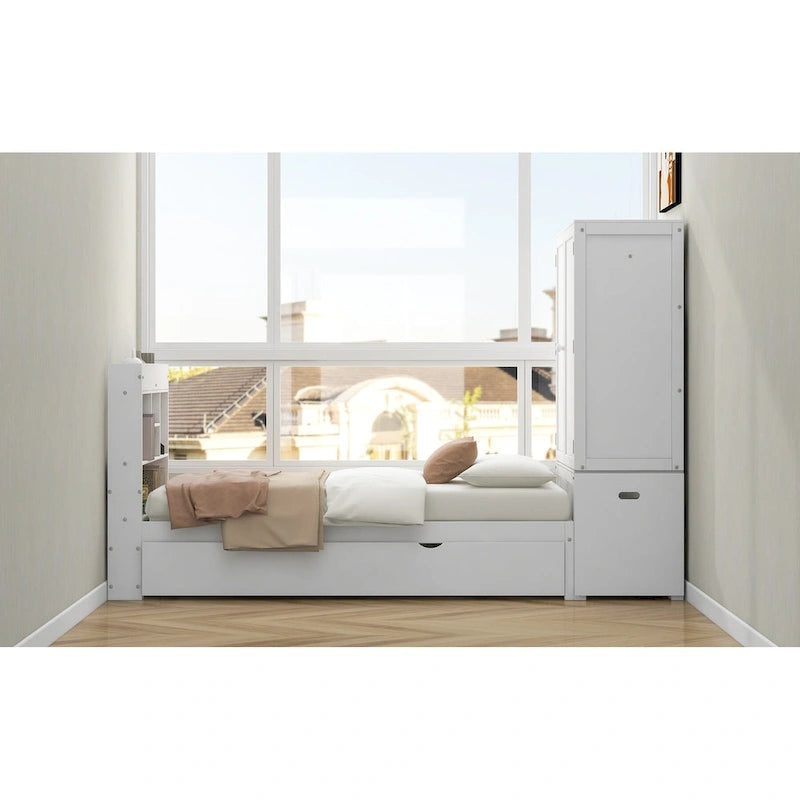 Lit plateforme double avec tête de lit de rangement et étagères coulissantes Blanc