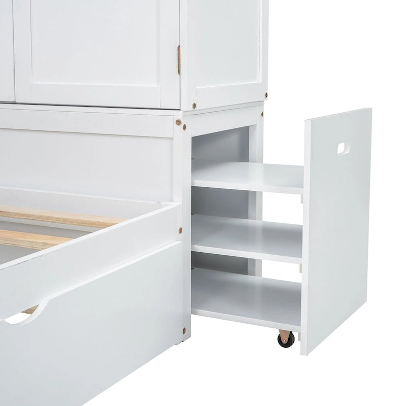 Lit plateforme double avec tête de lit de rangement et étagères coulissantes Blanc