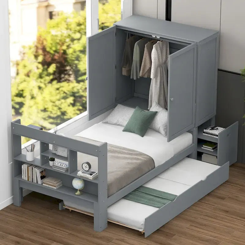 Lit plateforme double avec tête de lit de rangement et étagères coulissantes Blanc