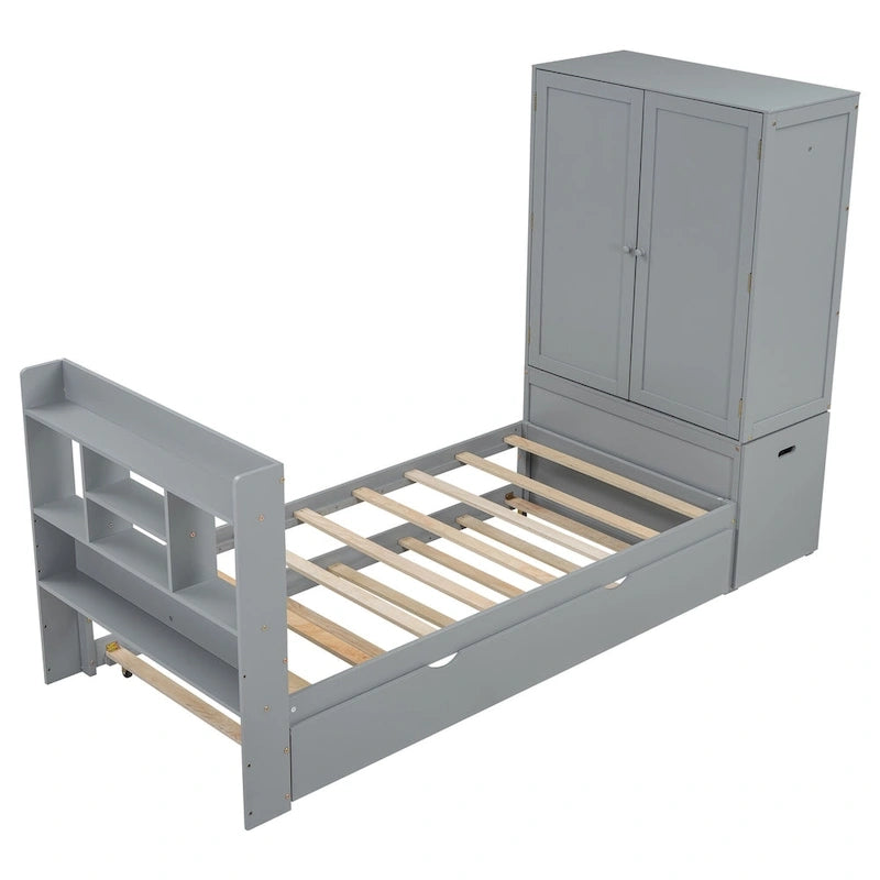Lit plateforme double avec tête de lit de rangement et étagères coulissantes Blanc