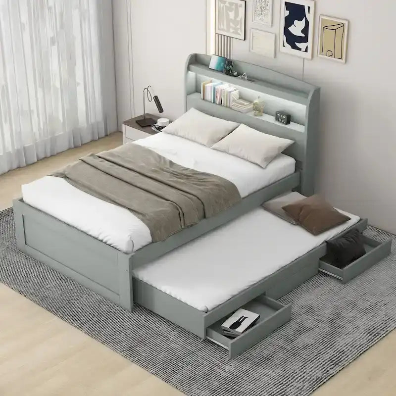 Lit plateforme gris avec tête de lit LED, étagères de rangement et tiroirs