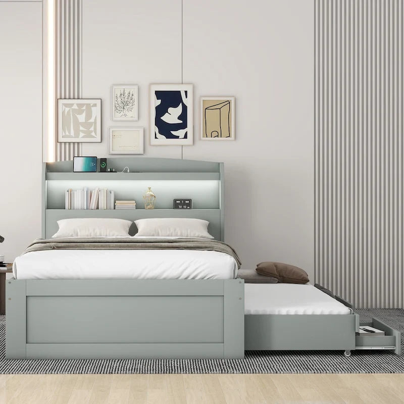 Lit plateforme gris avec tête de lit LED, étagères de rangement et tiroirs