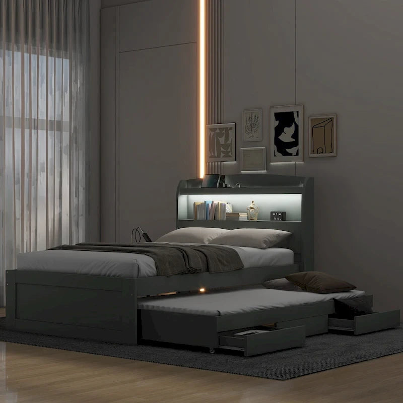 Lit plateforme gris avec tête de lit LED, étagères de rangement et tiroirs