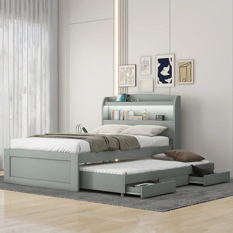 Lit plateforme gris avec tête de lit LED, étagères de rangement et tiroirs