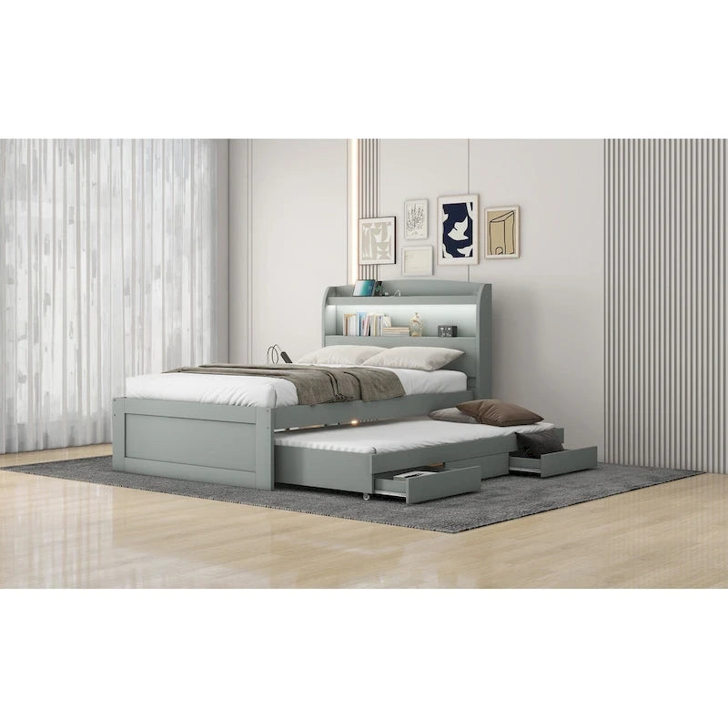 Lit plateforme gris avec tête de lit LED, étagères de rangement et tiroirs