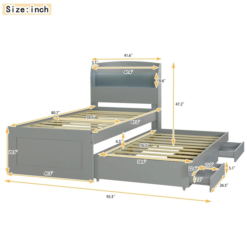 Lit plateforme gris avec tête de lit LED, étagères de rangement et tiroirs