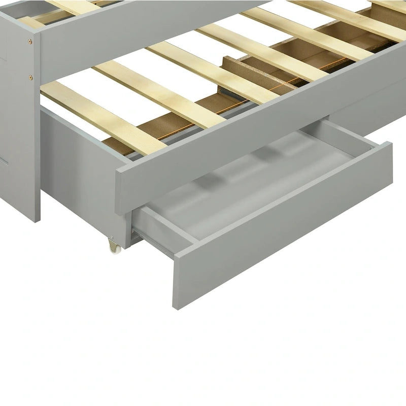 Lit plateforme gris avec tête de lit LED, étagères de rangement et tiroirs