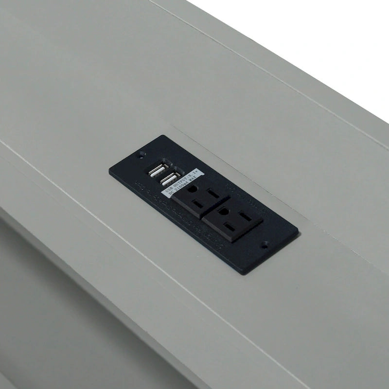 Lit plateforme gris avec tête de lit LED, étagères de rangement et tiroirs