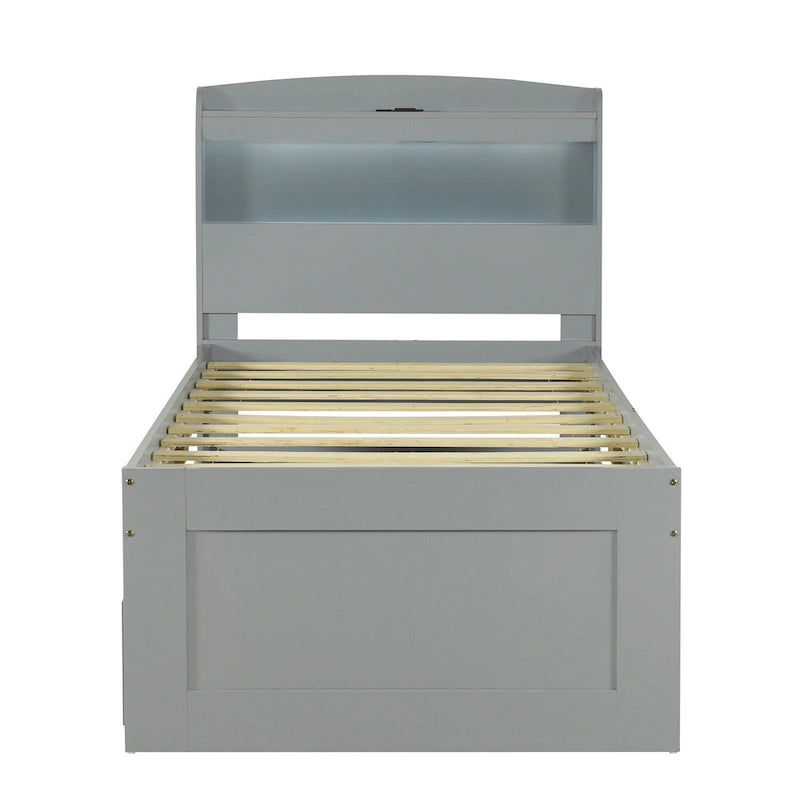 Lit plateforme gris avec tête de lit LED, étagères de rangement et tiroirs
