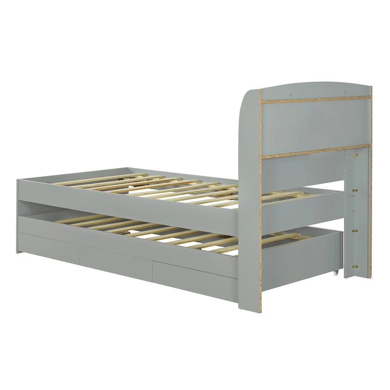 Lit plateforme gris avec tête de lit LED, étagères de rangement et tiroirs