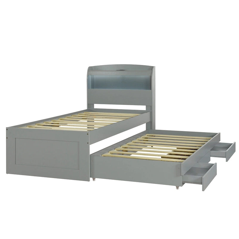 Lit plateforme gris avec tête de lit LED, étagères de rangement et tiroirs