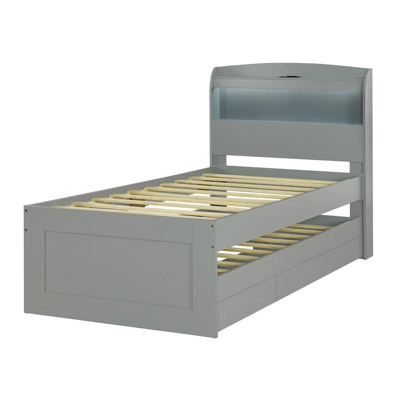 Lit plateforme gris avec tête de lit LED, étagères de rangement et tiroirs