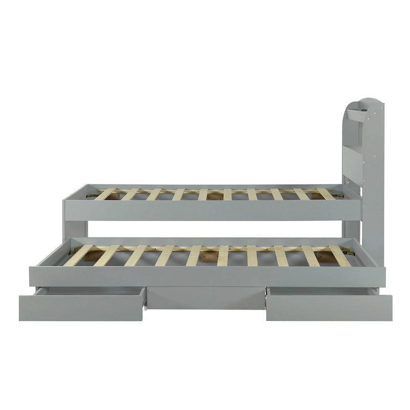 Lit plateforme gris avec tête de lit LED, étagères de rangement et tiroirs