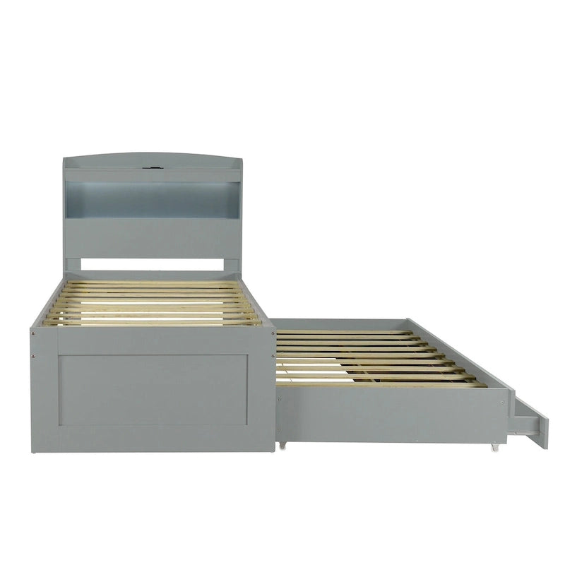 Lit plateforme gris avec tête de lit LED, étagères de rangement et tiroirs
