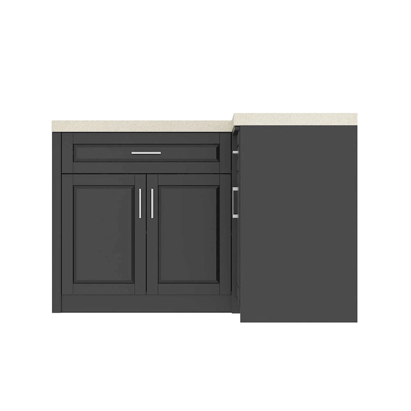 Meuble de cuisine d'angle en L gris foncé avec plan de travail UV et tiroirs coulissants
