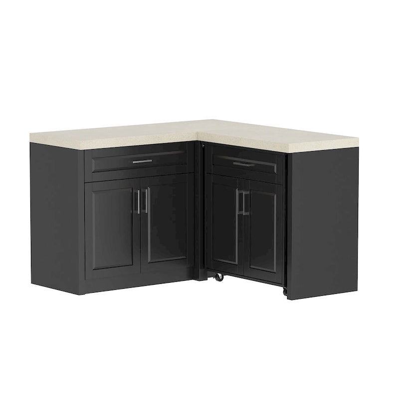 Meuble de cuisine d'angle en L gris foncé avec plan de travail UV et tiroirs coulissants