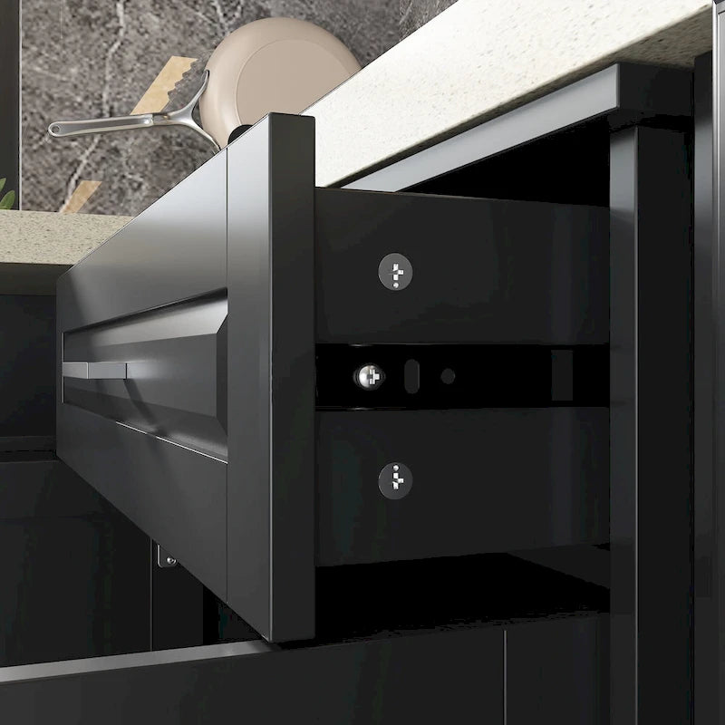 Meuble de cuisine d'angle en L gris foncé avec plan de travail UV et tiroirs coulissants