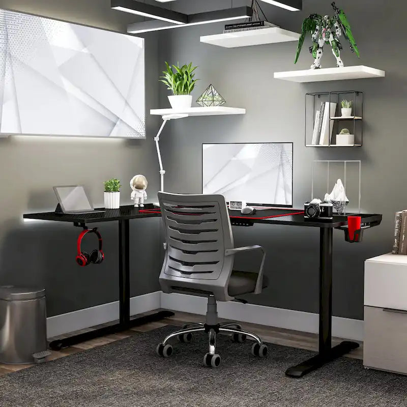 Bureau de jeu en fibre de carbone noire, cadre en acier avec support de casque et porte-gobelet