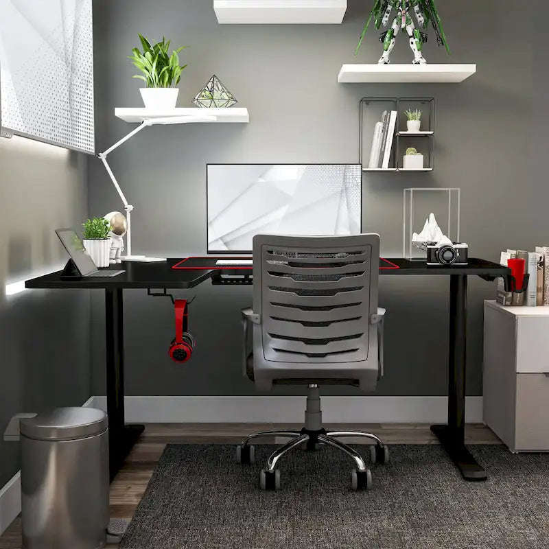 Bureau de jeu en fibre de carbone noire, cadre en acier avec support de casque et porte-gobelet