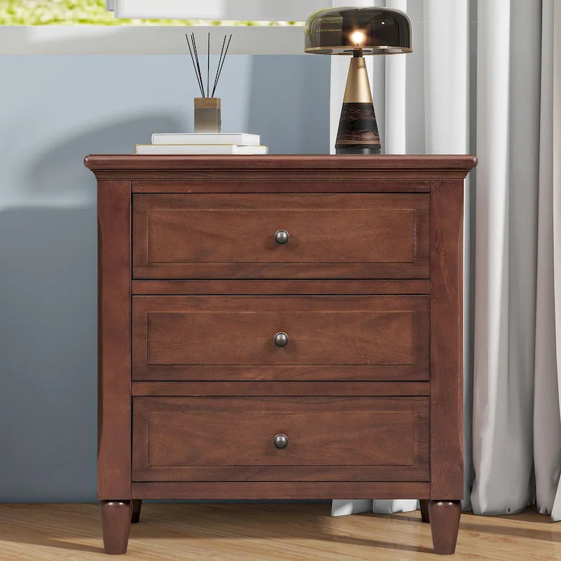 Table de chevet à 3 tiroirs en bois massif, meuble de rangement pour chambre, marron/bleu