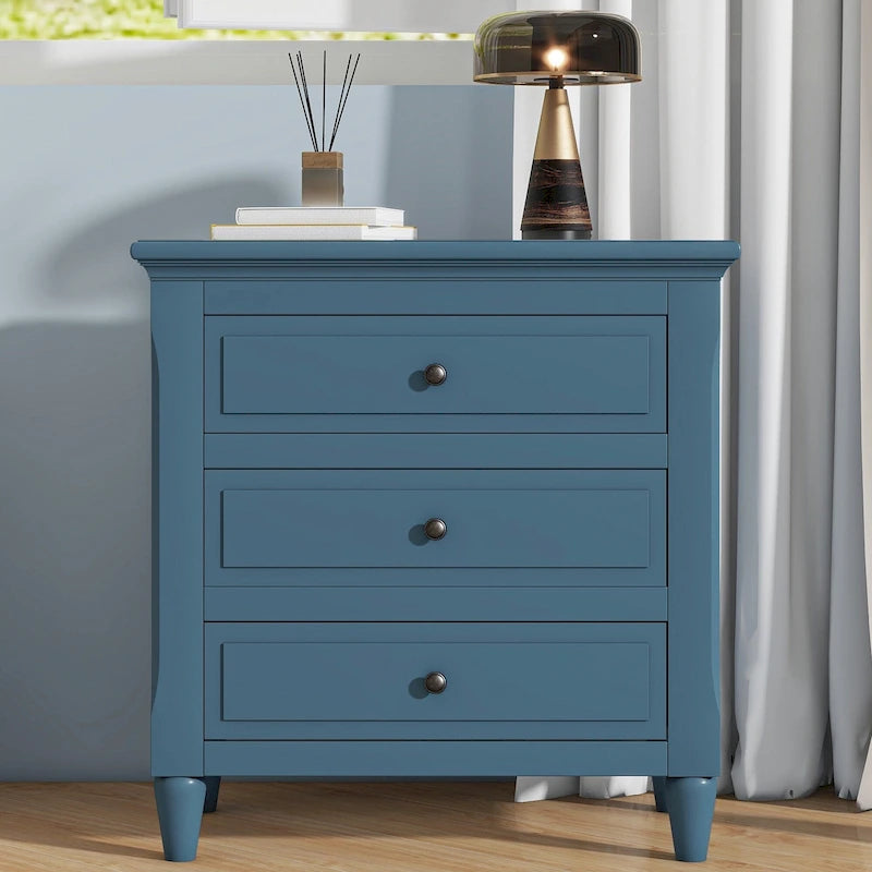 Table de chevet à 3 tiroirs en bois massif, meuble de rangement pour chambre, marron/bleu