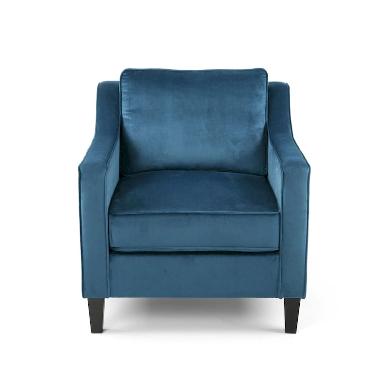 Fauteuil club contemporain en velours avec accoudoirs inclinés et pieds en bois de bouleau