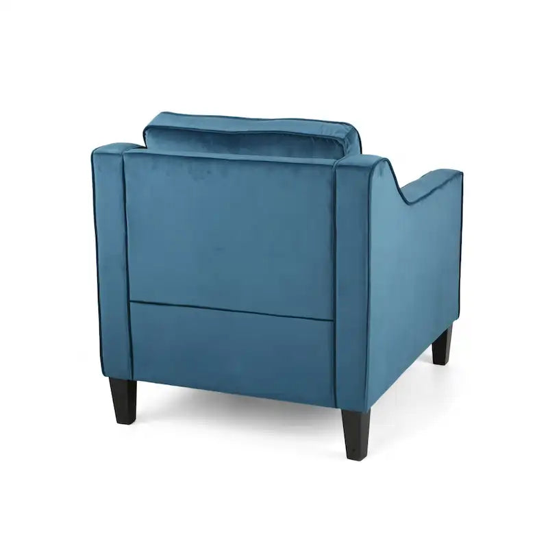 Fauteuil club contemporain en velours avec accoudoirs inclinés et pieds en bois de bouleau