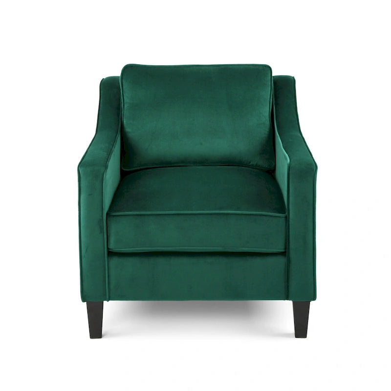 Fauteuil club contemporain en velours avec accoudoirs inclinés et pieds en bois de bouleau