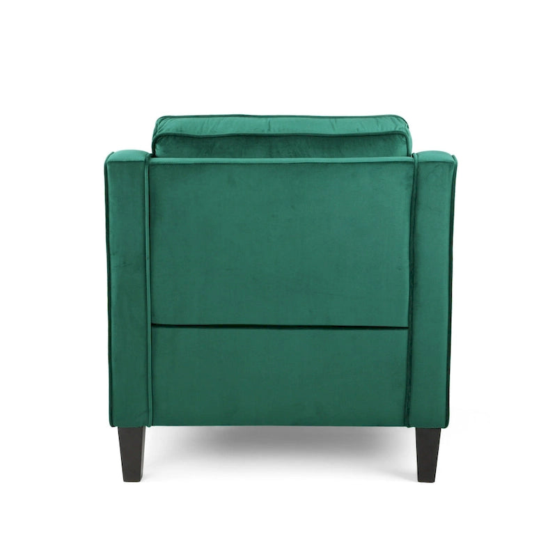 Fauteuil club contemporain en velours avec accoudoirs inclinés et pieds en bois de bouleau