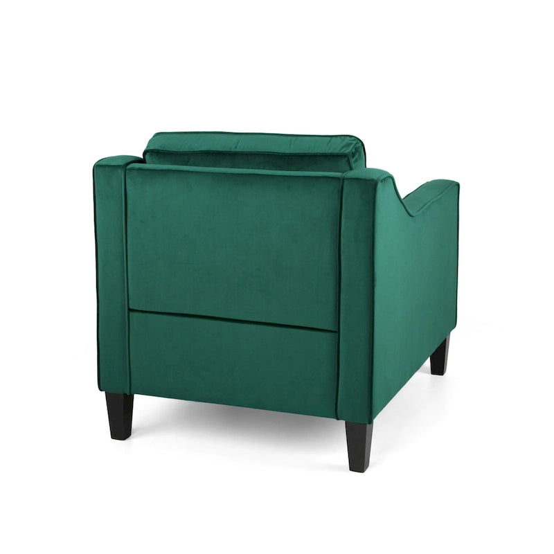 Fauteuil club contemporain en velours avec accoudoirs inclinés et pieds en bois de bouleau