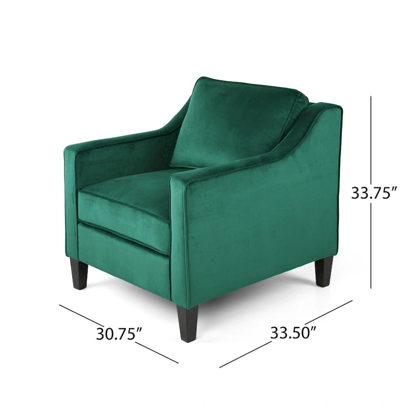 Fauteuil club contemporain en velours avec accoudoirs inclinés et pieds en bois de bouleau