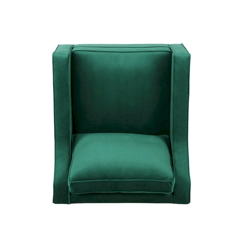 Fauteuil club contemporain en velours avec accoudoirs inclinés et pieds en bois de bouleau
