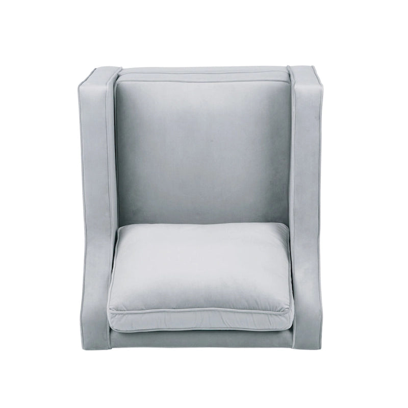 Fauteuil club contemporain en velours avec accoudoirs inclinés et pieds en bois de bouleau