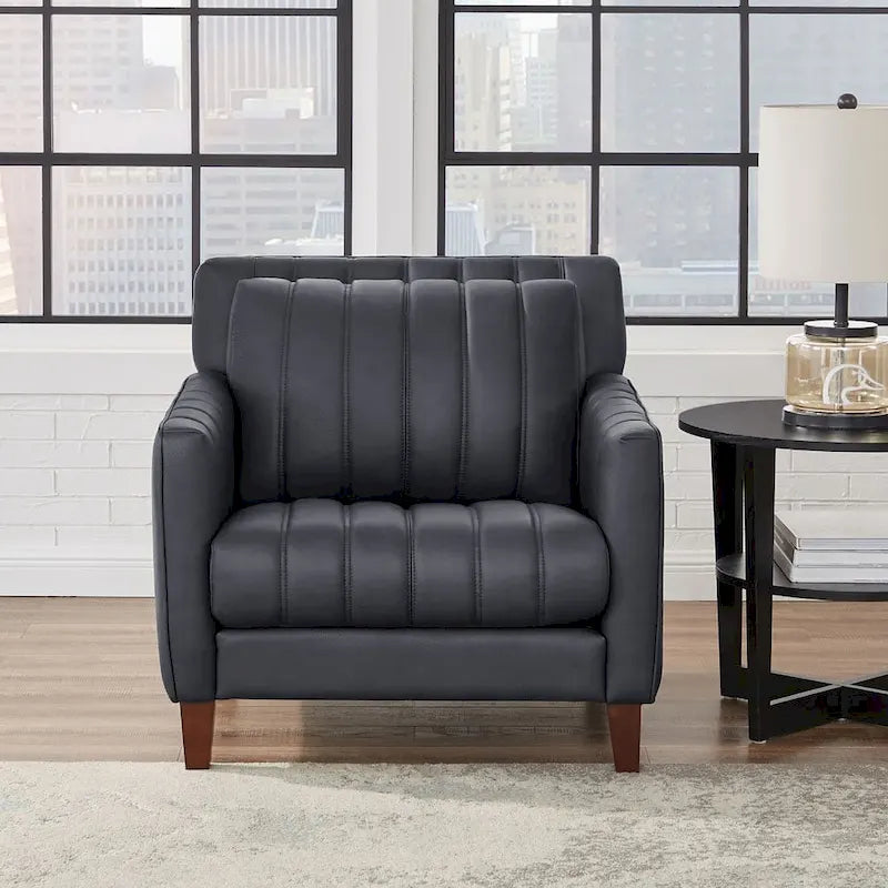 Fauteuil d'appoint en cuir pleine fleur avec dossier capitonné Bleu nuit Chocolat