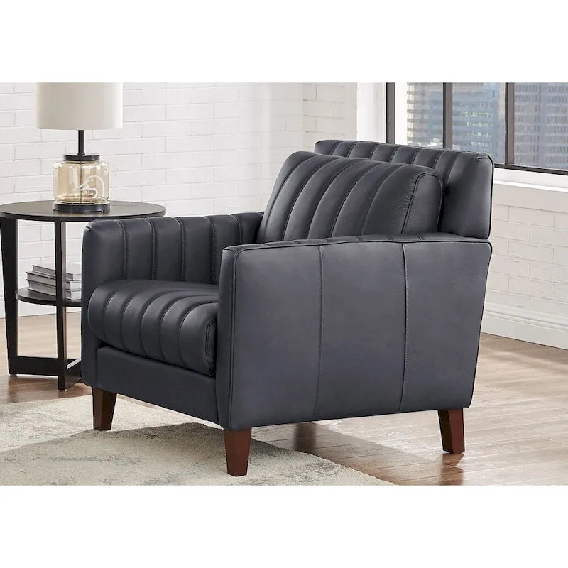 Fauteuil d'appoint en cuir pleine fleur avec dossier capitonné Bleu nuit Chocolat