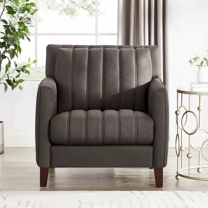 Fauteuil d'appoint en cuir pleine fleur avec dossier capitonné Bleu nuit Chocolat