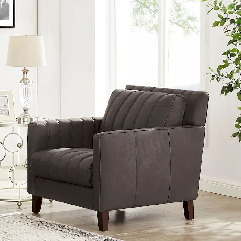 Fauteuil d'appoint en cuir pleine fleur avec dossier capitonné Bleu nuit Chocolat
