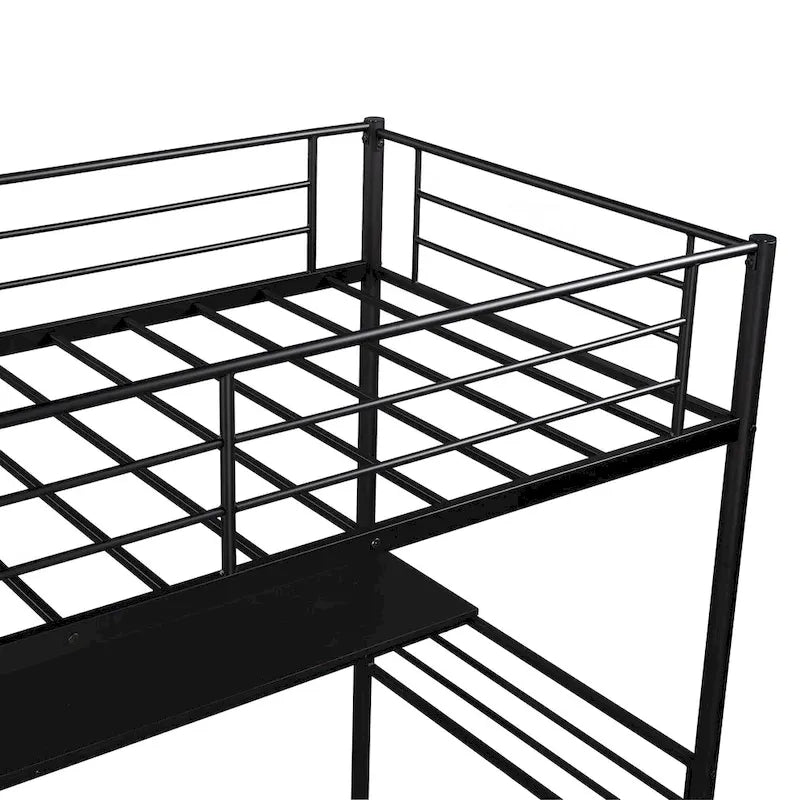 Lit mezzanine en métal noir avec escalier de rangement et garde-corps pleine longueur
