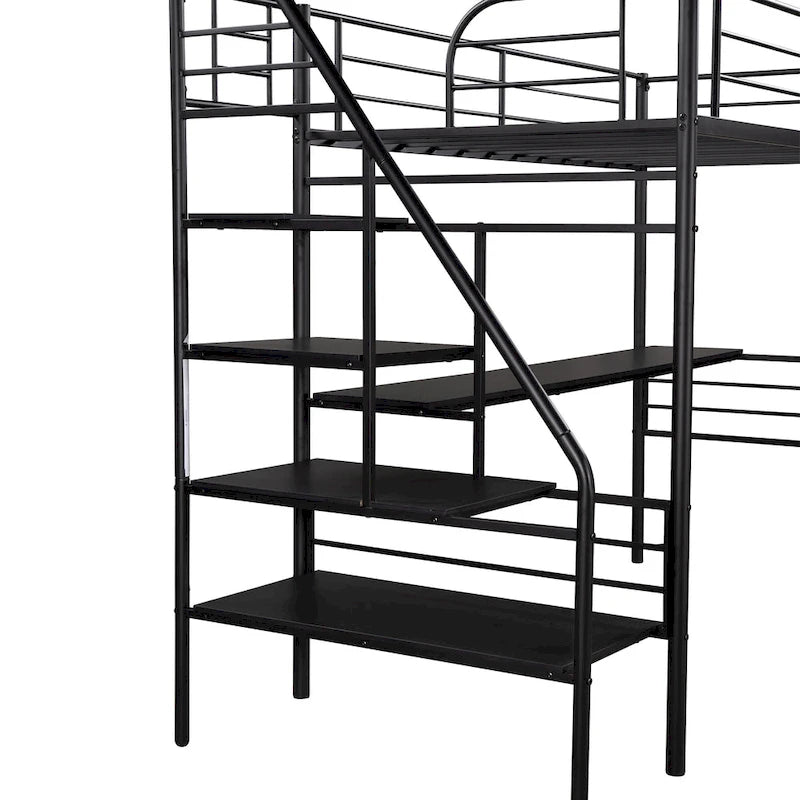 Lit mezzanine en métal noir avec escalier de rangement et garde-corps pleine longueur