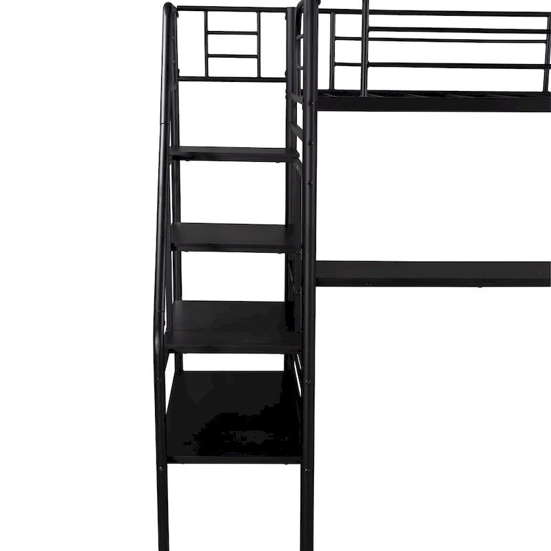 Lit mezzanine en métal noir avec escalier de rangement et garde-corps pleine longueur