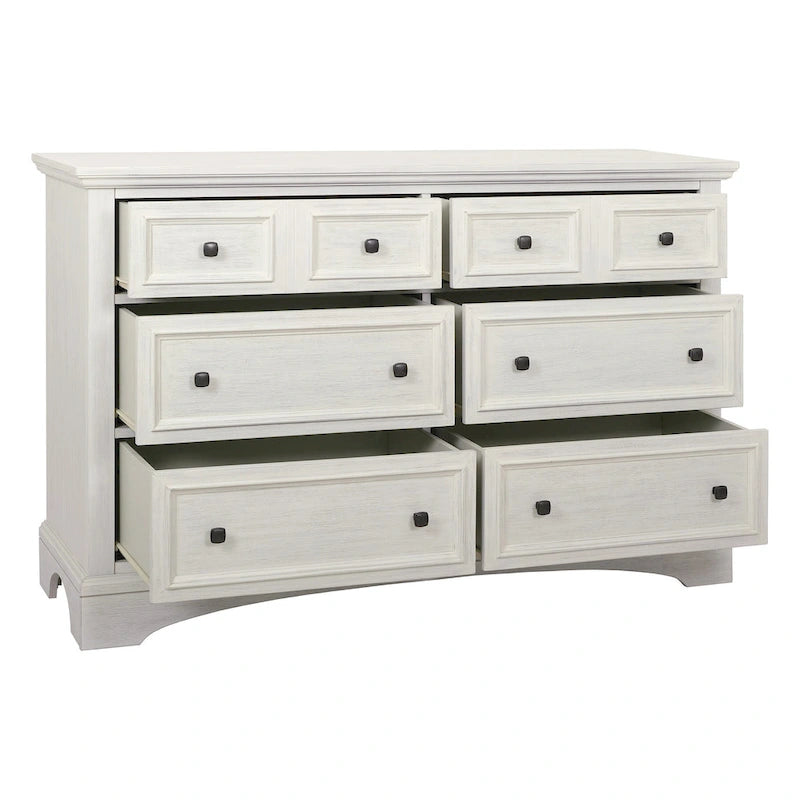 Commode en bois blanc rustique à 6 tiroirs et pieds à équerres