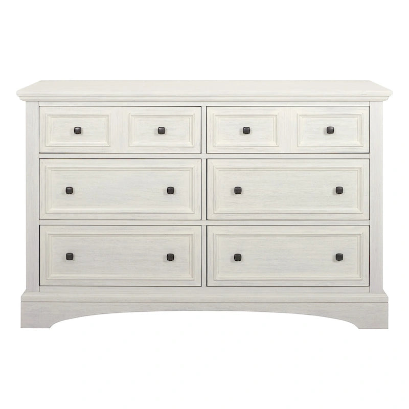 Commode en bois blanc rustique à 6 tiroirs et pieds à équerres