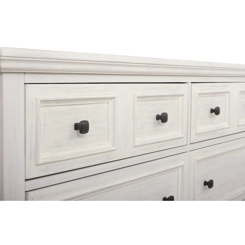 Commode en bois blanc rustique à 6 tiroirs et pieds à équerres