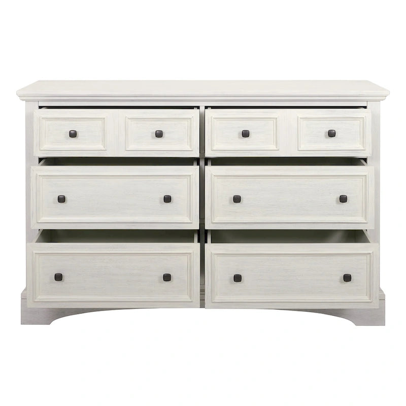 Commode en bois blanc rustique à 6 tiroirs et pieds à équerres