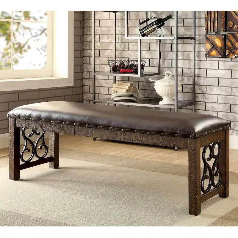 Banc de salle à manger traditionnel en similicuir Noyer rustique Espresso Métal volute
