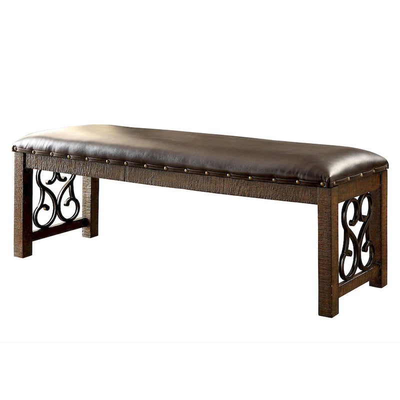 Banc de salle à manger traditionnel en similicuir Noyer rustique Espresso Métal volute